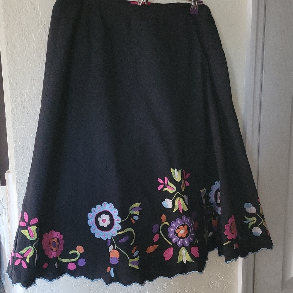 Sunny Leigh Black Skirt with Colorful Floral Embroidery